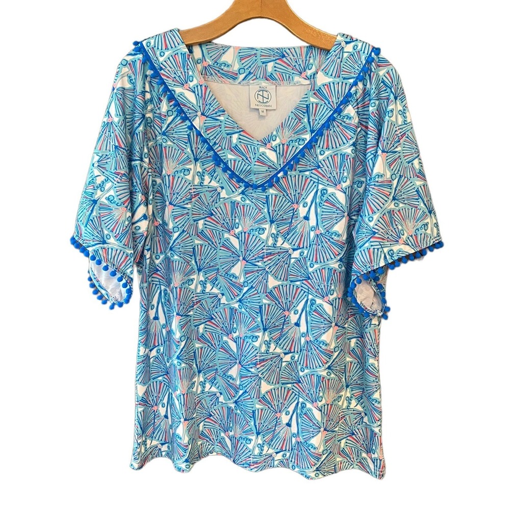 Tracy Negoshian Sz L Relaxed Fit Top Tunic Blue Pom Pom Athleisure Golf Resort